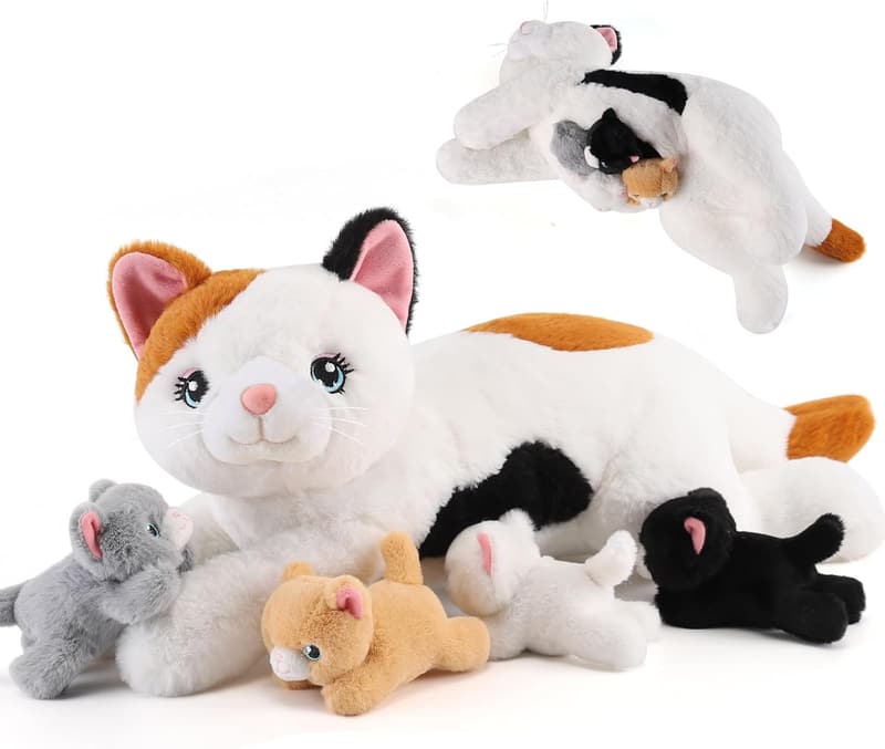 Mommy Cat with 4 Kittens Plush Toys for Kids Age 3-8