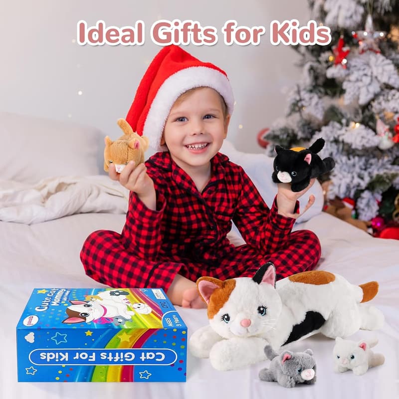 Mommy Cat with 4 Kittens Plush Toys for Kids Age 3-8