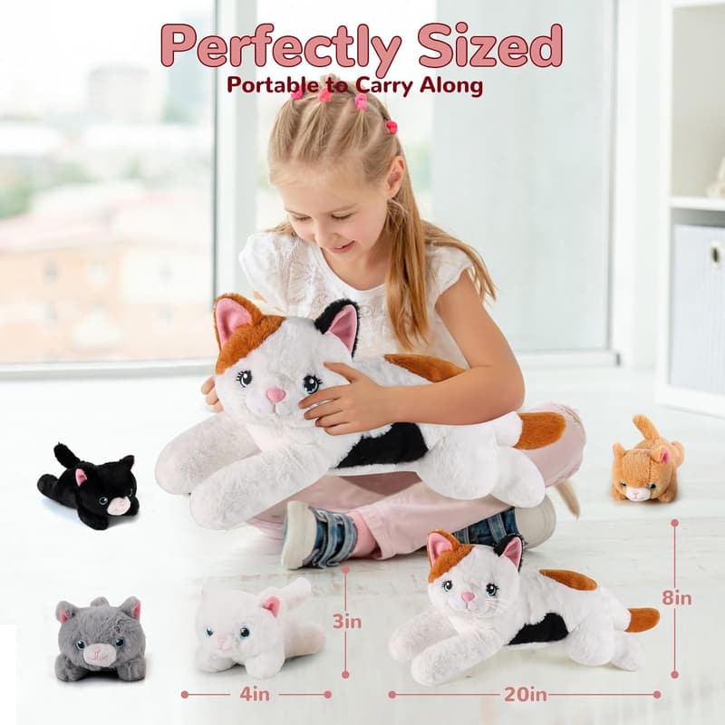 Mommy Cat with 4 Kittens Plush Toys for Kids Age 3-8