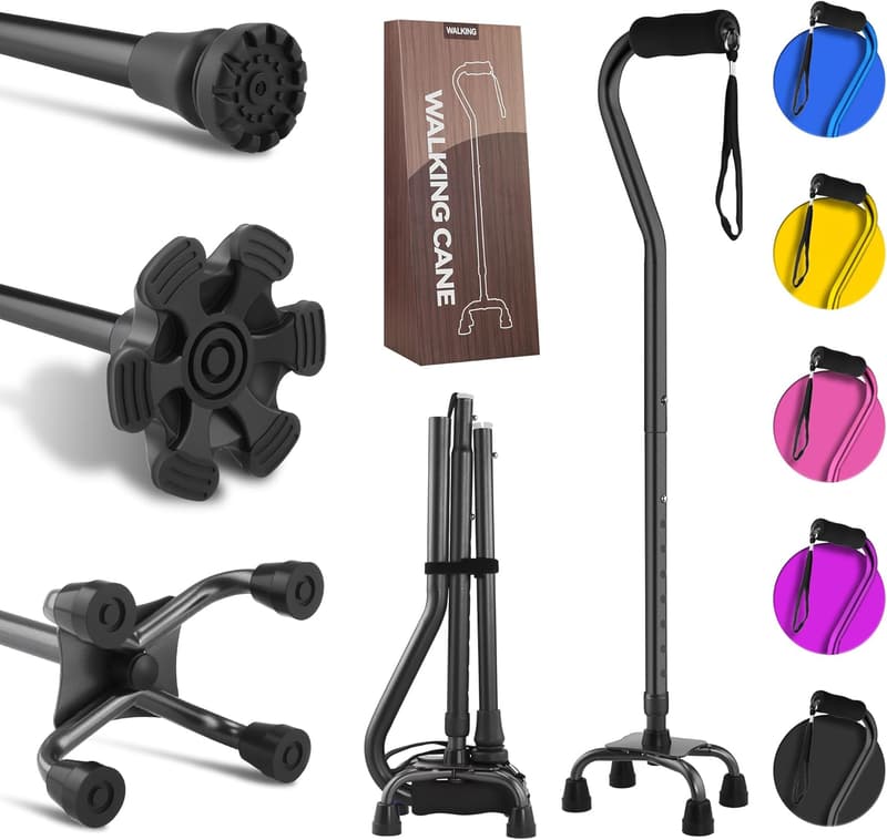 Adjustable Quad Walking Cane for Seniors - Heavy Duty & Foldable