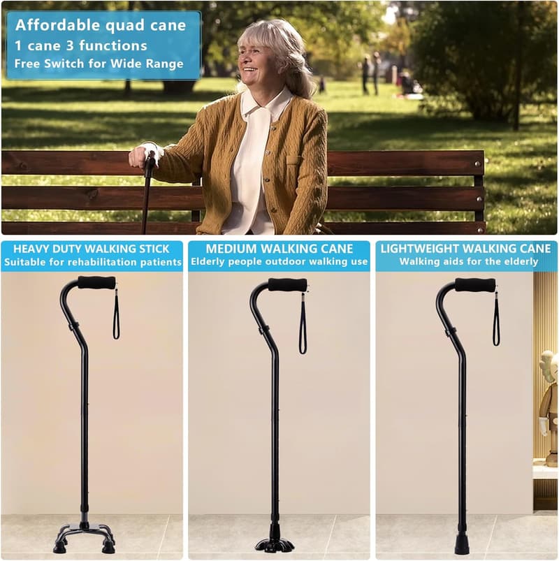 Adjustable Quad Walking Cane for Seniors - Heavy Duty & Foldable