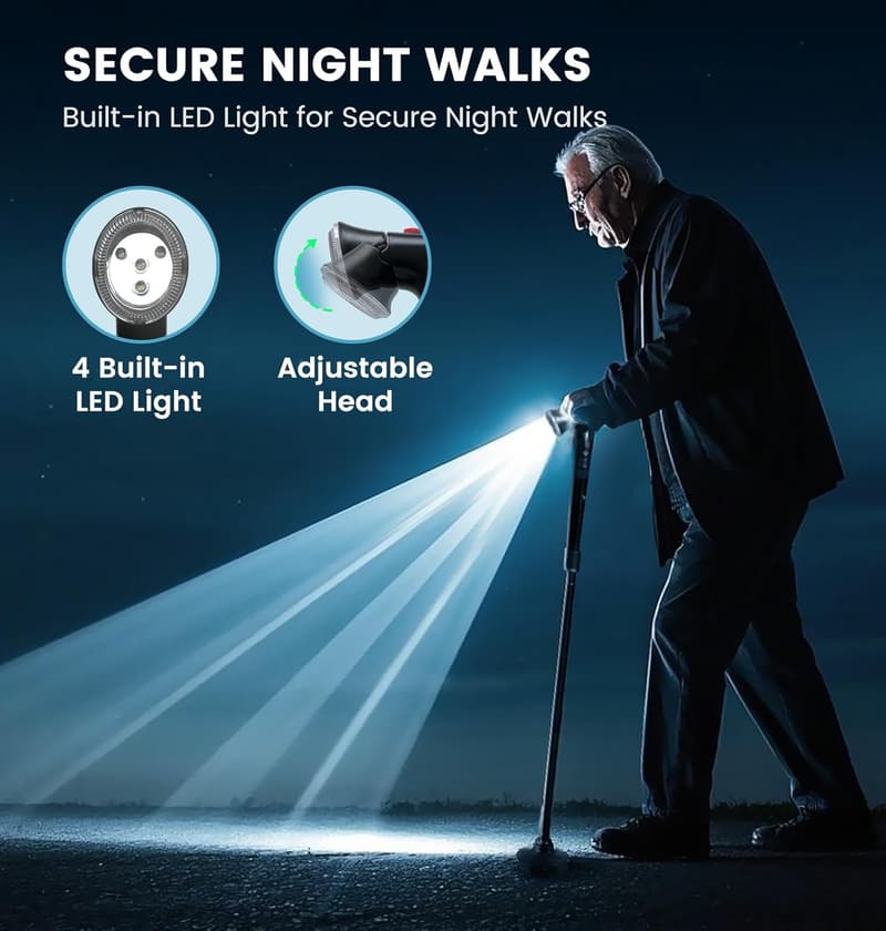 Adjustable Medicane Walking Cane with LED Light & Alarm for Seniors