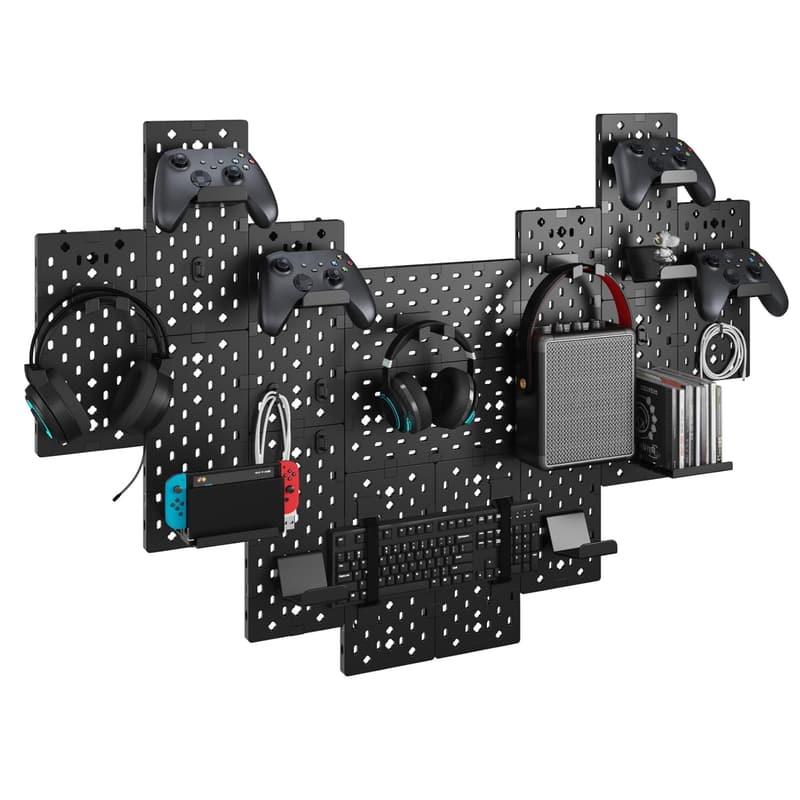 Modular Gaming Pegboard Wall Mount with Controller Holder - Black