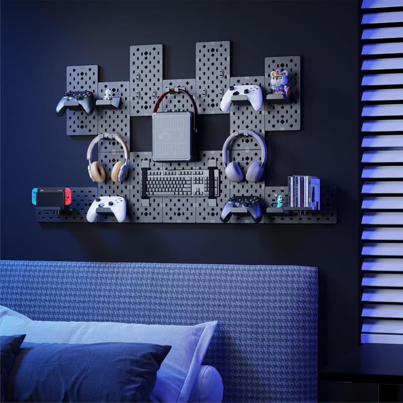 Modular Gaming Pegboard Wall Mount with Controller Holder - Black