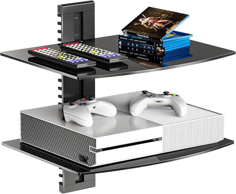 Floating TV Shelf with Strengthened Tempered Glass, Black