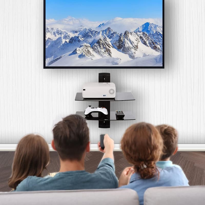 Floating TV Shelf with Strengthened Tempered Glass, Black