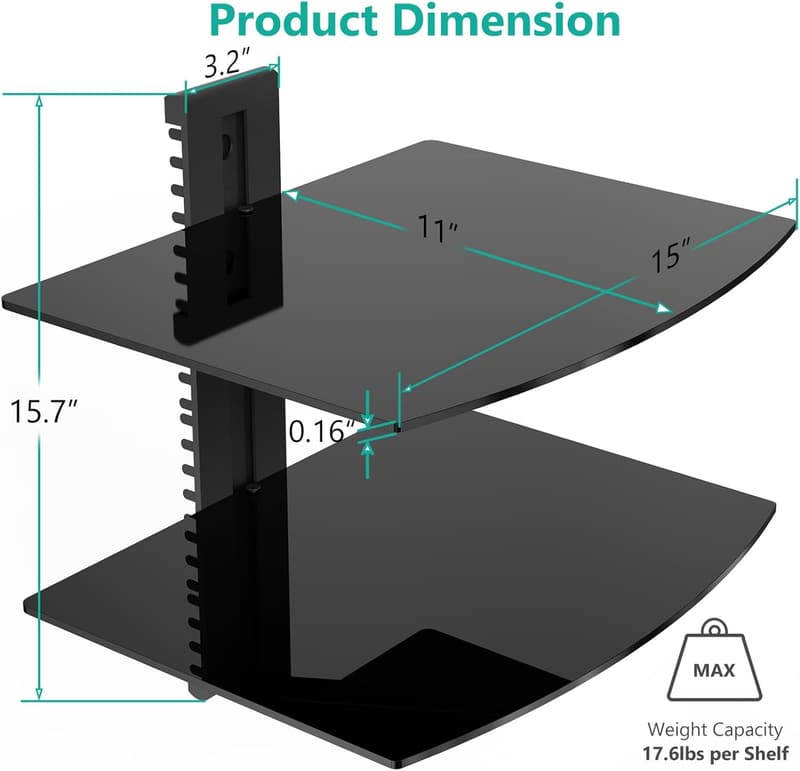 Floating TV Shelf with Strengthened Tempered Glass, Black