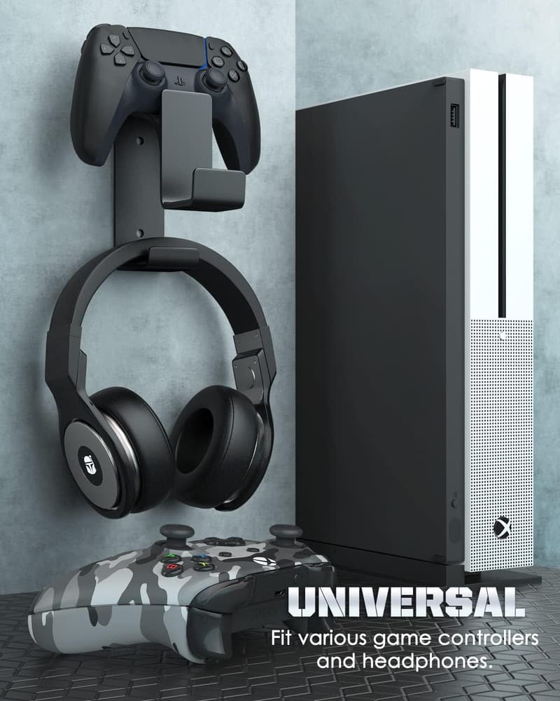 Controller Holder and Headphone Hanger for Game Consoles, Black