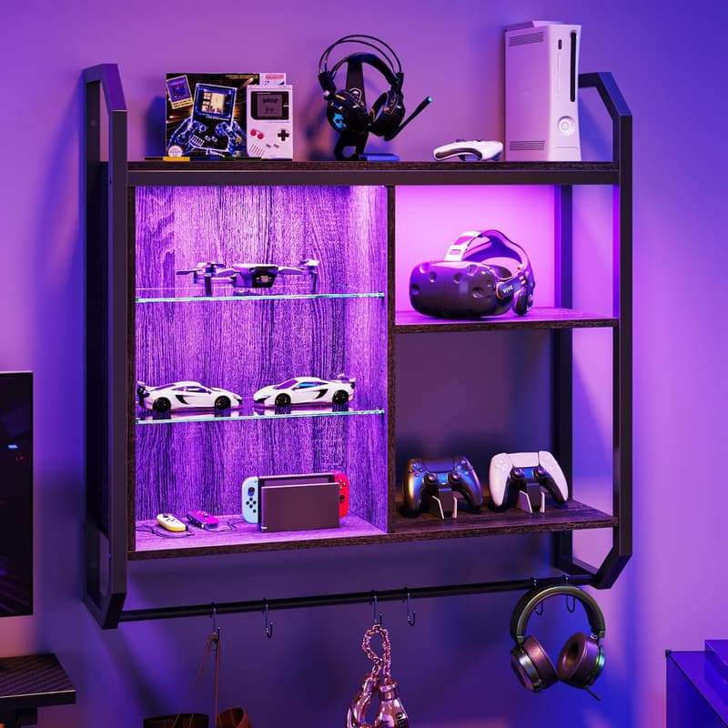 LED Gaming Wall Shelf with Adjustable Glass and 6 S-Hooks