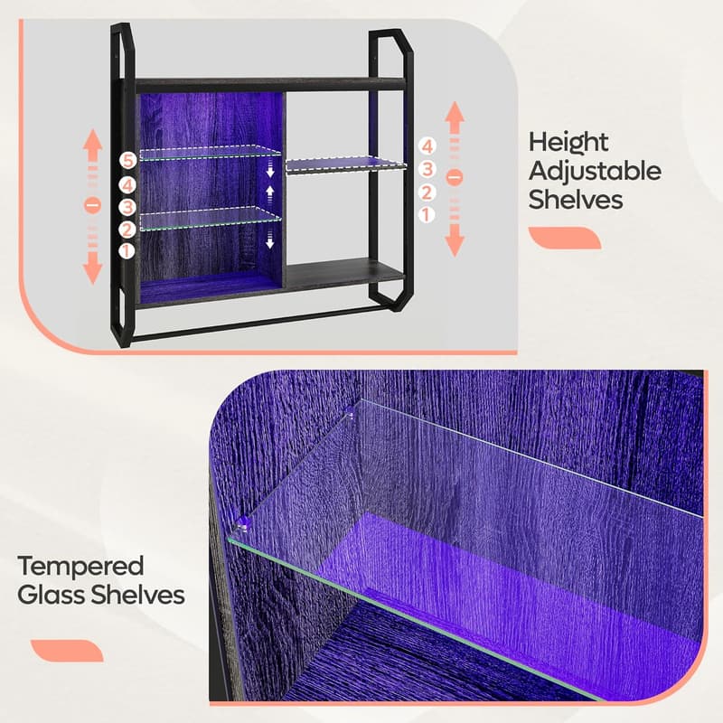 LED Gaming Wall Shelf with Adjustable Glass and 6 S-Hooks