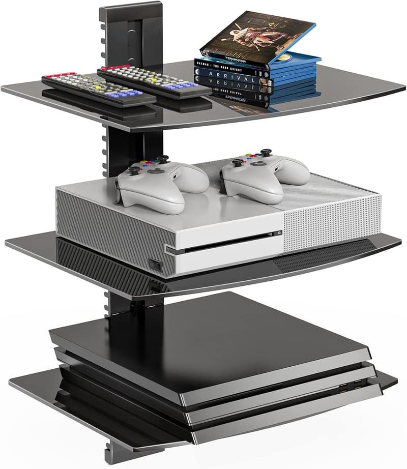 WALI Wall-Mount TV Shelf with Tempered Glass, 3-Tier, Black