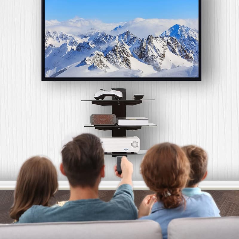 WALI Wall-Mount TV Shelf with Tempered Glass, 3-Tier, Black