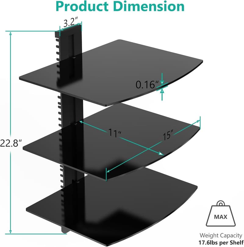 WALI Wall-Mount TV Shelf with Tempered Glass, 3-Tier, Black