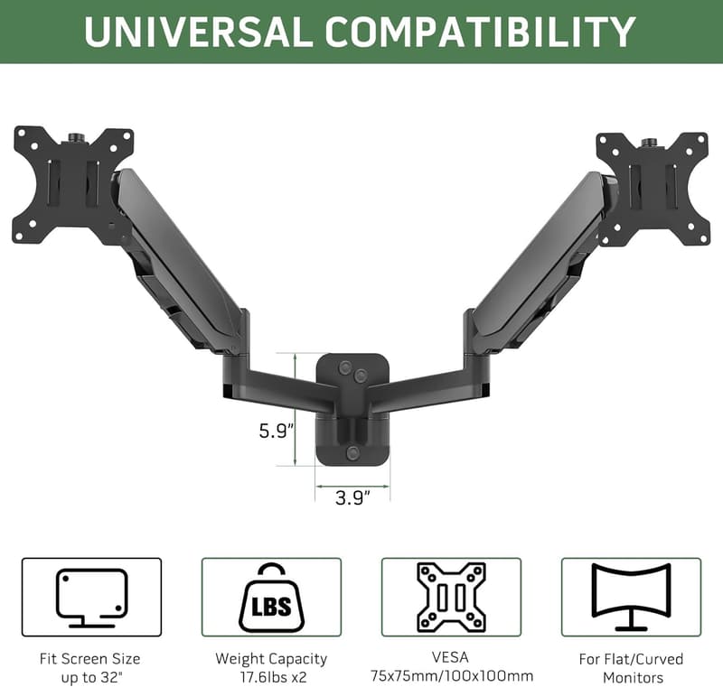 Height Adjustable Dual Monitor Wall Mount for 17-32
