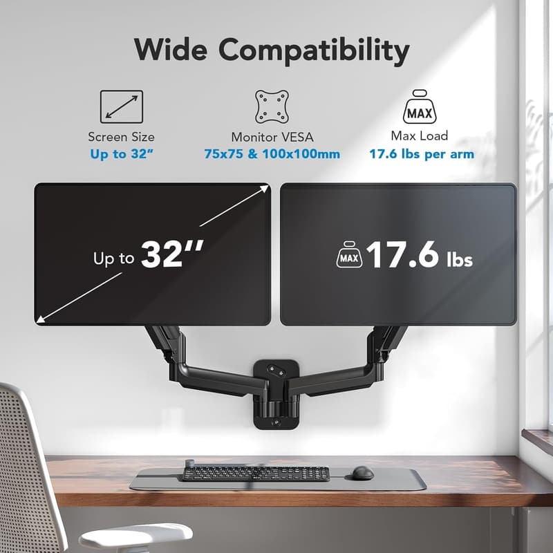 Dual Monitor Wall Mount with Height-Adjustable Arms - VESA Compatible