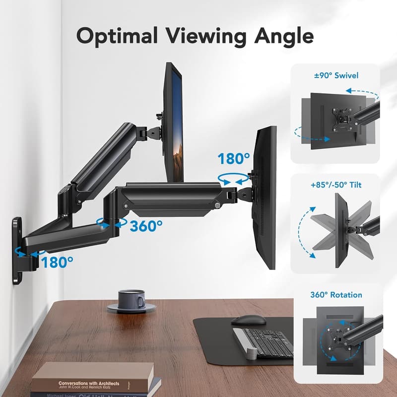 Dual Monitor Wall Mount with Height-Adjustable Arms - VESA Compatible