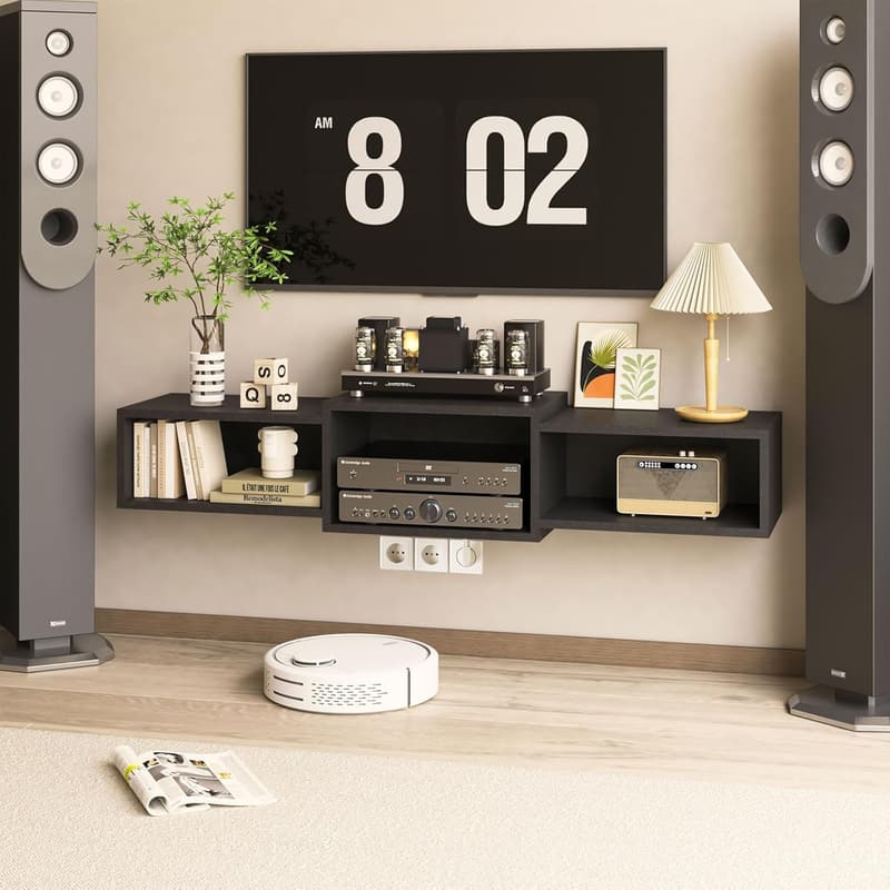 Modern Floating TV Stand with Power Outlet - Black Wall Shelf