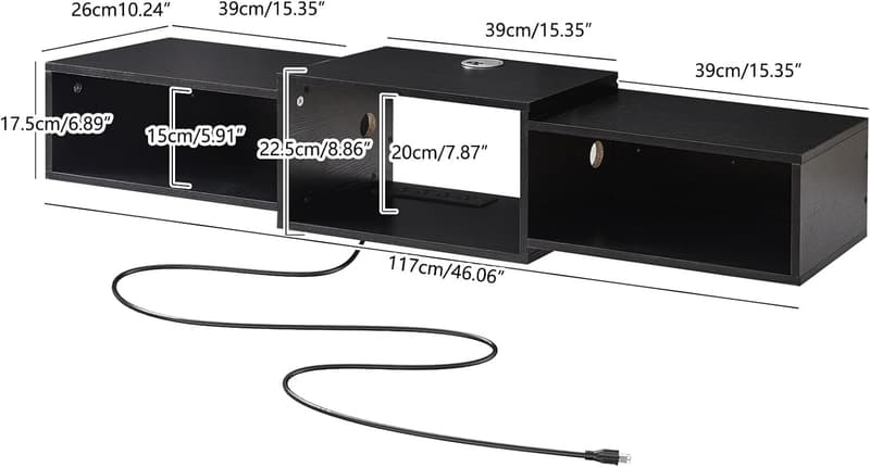 Modern Floating TV Stand with Power Outlet - Black Wall Shelf