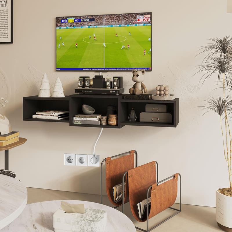 Modern Floating TV Stand with Power Outlet - Black Wall Shelf