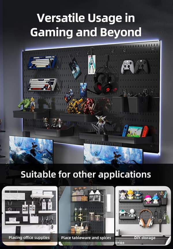 Wall Organizer Peg Board - Black Declutter Solution for Office & Gaming