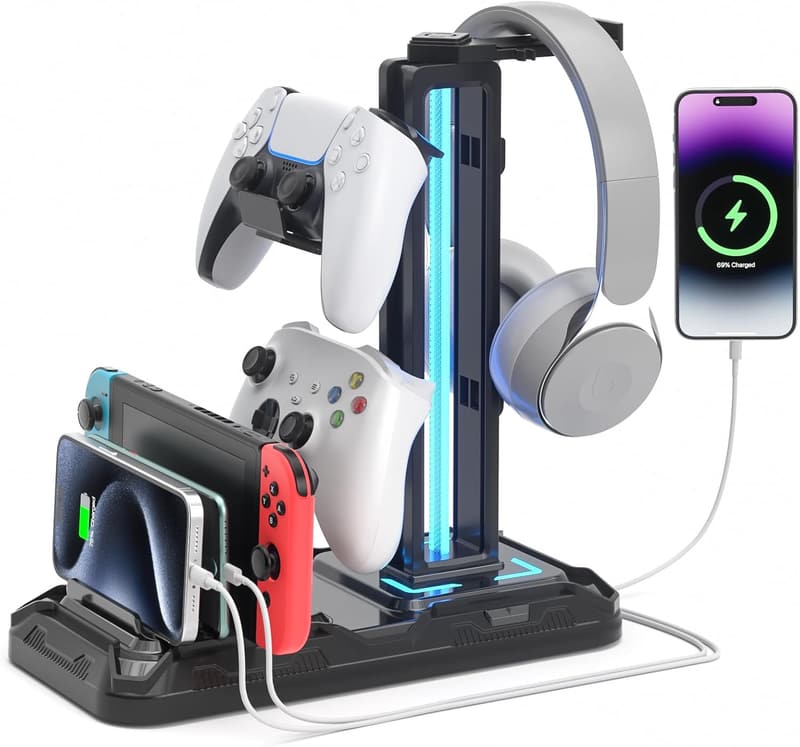 Gaming Headset Stand with Charging Station & 9 Light Modes