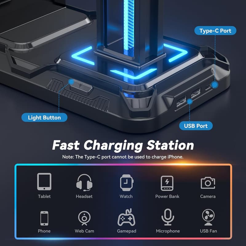 Gaming Headset Stand with Charging Station & 9 Light Modes