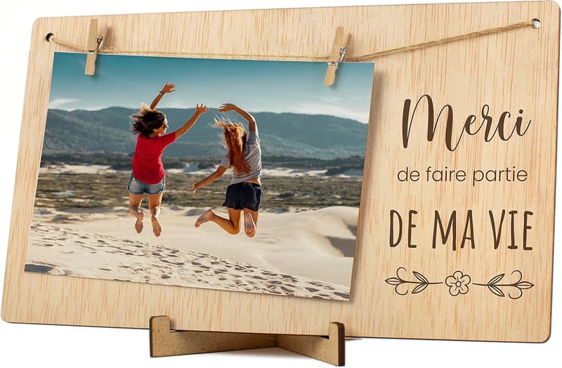 Photo Collage Frame - Wooden Wall Decor with Clips for Couples