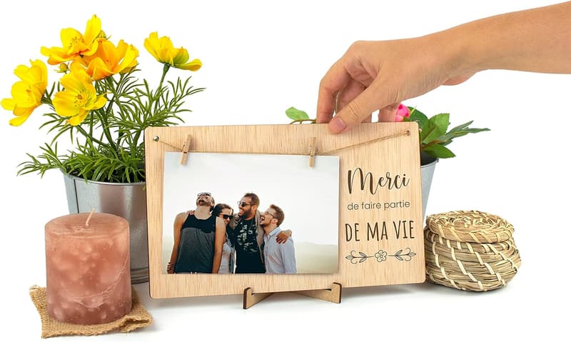 Photo Collage Frame - Wooden Wall Decor with Clips for Couples