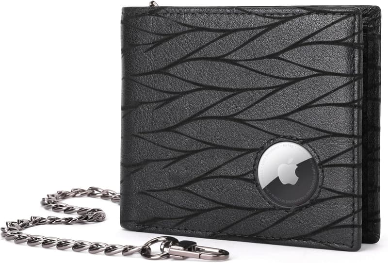 Men's Slim RFID Blocking Leather Wallet with AirTag Holder & Chain