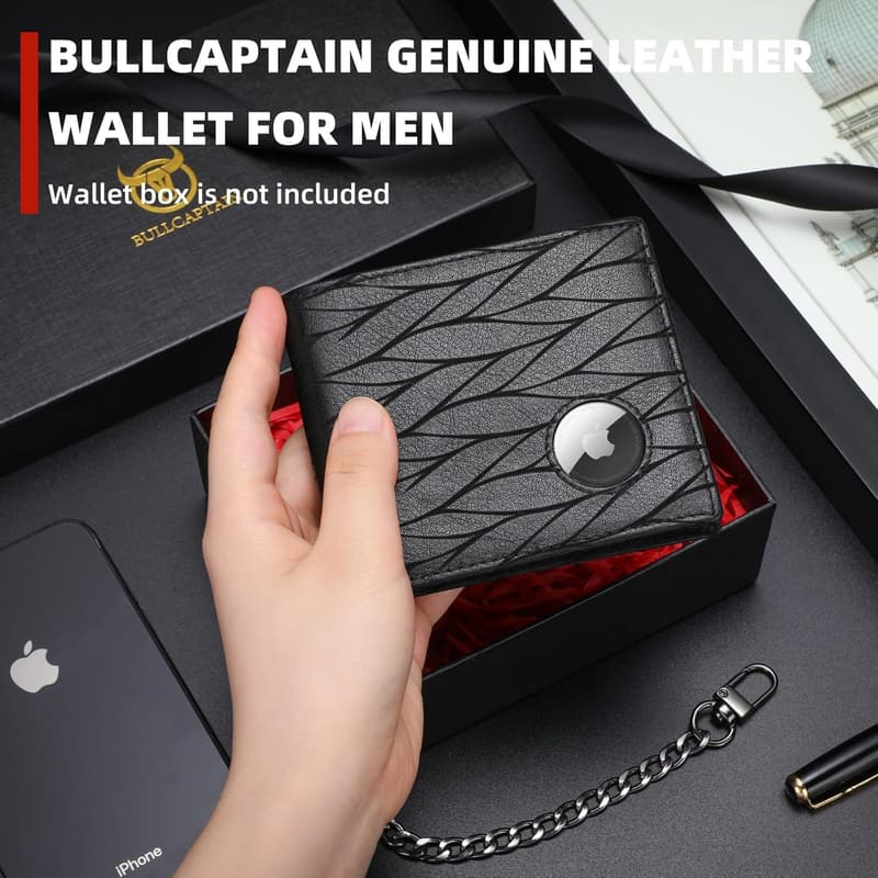 Men's Slim RFID Blocking Leather Wallet with AirTag Holder & Chain