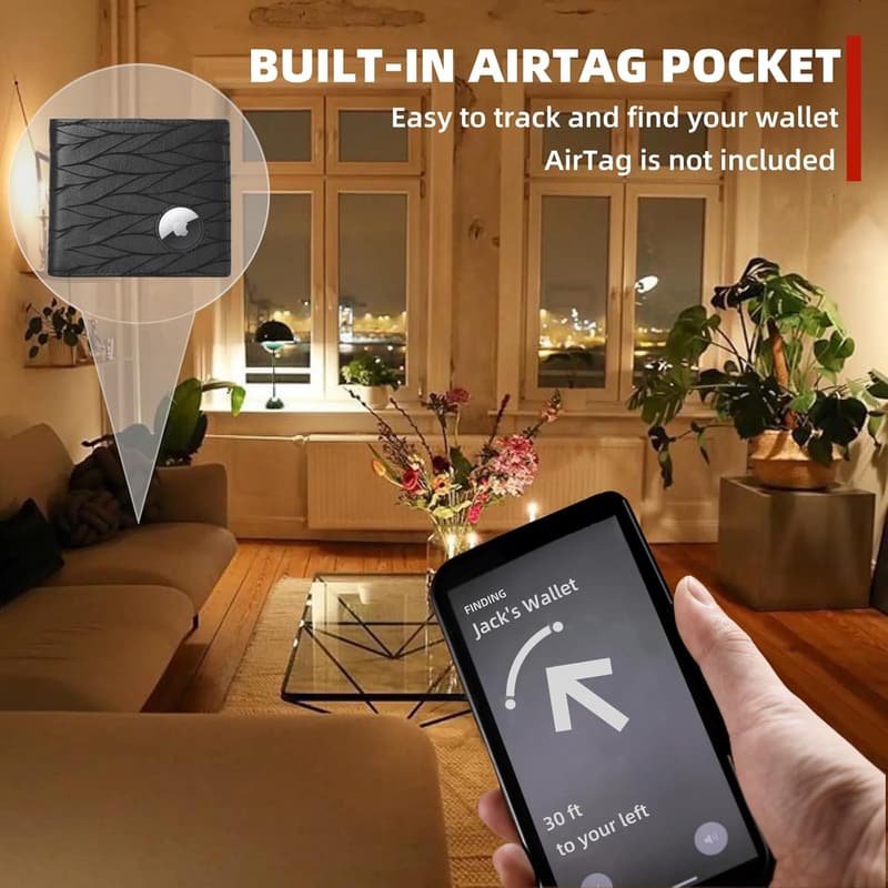 Men's Slim RFID Blocking Leather Wallet with AirTag Holder & Chain