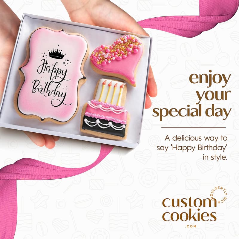 Custom Sugar Cookies Birthday Gift Basket - Hand Decorated Kosher Treats for Women