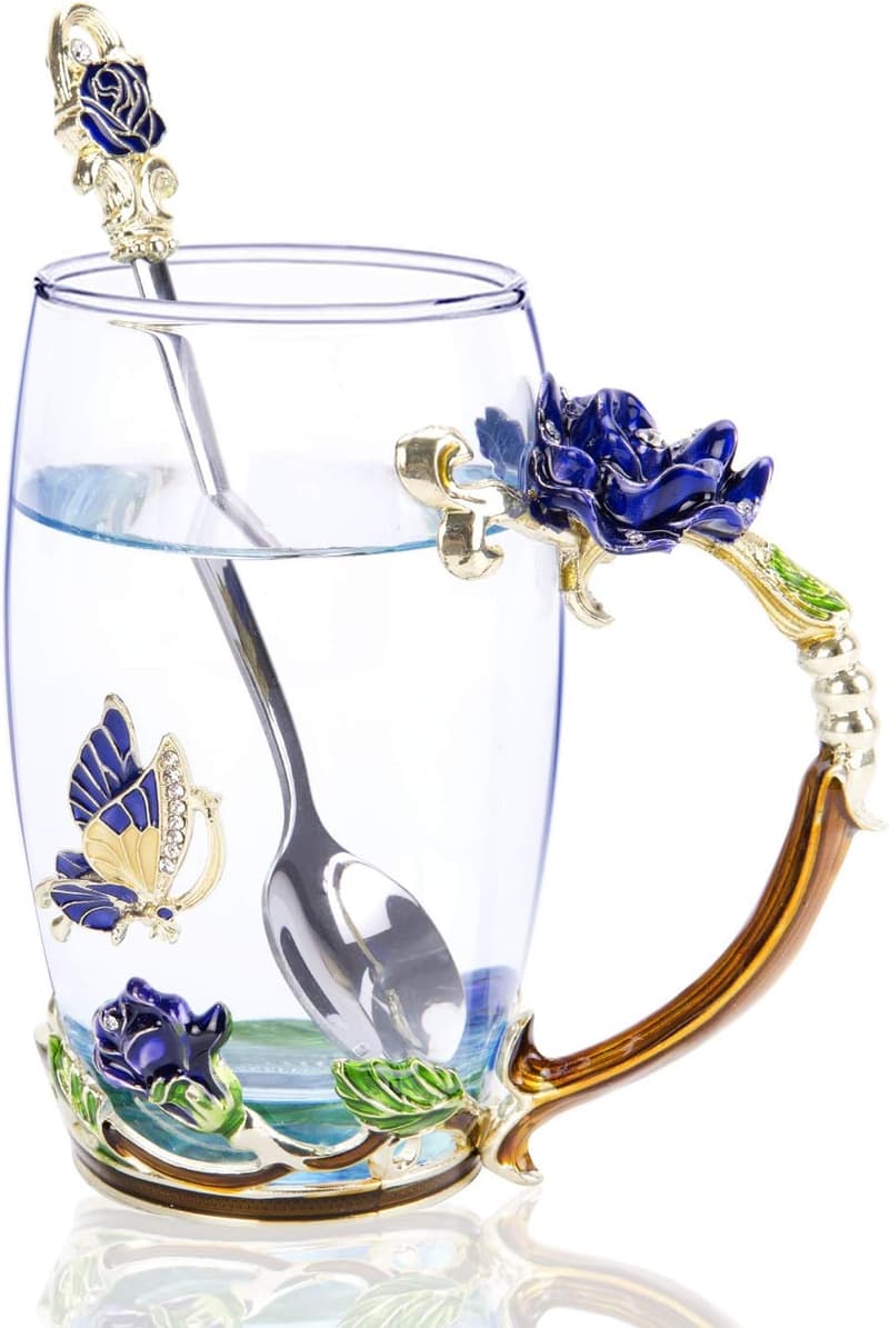 Butterfly Enamel Glass Tea Cup Set with Spoon – Birthday Gift