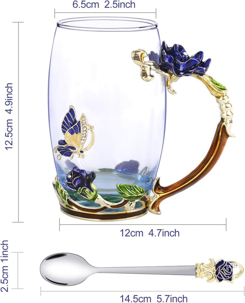 Butterfly Enamel Glass Tea Cup Set with Spoon – Birthday Gift