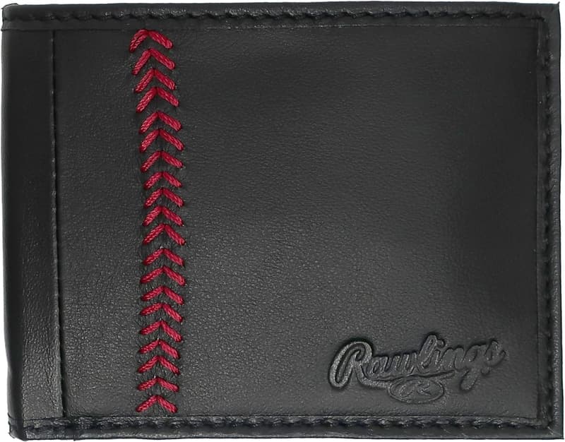 Black Leather Bifold Wallet with Baseball Stitch Design