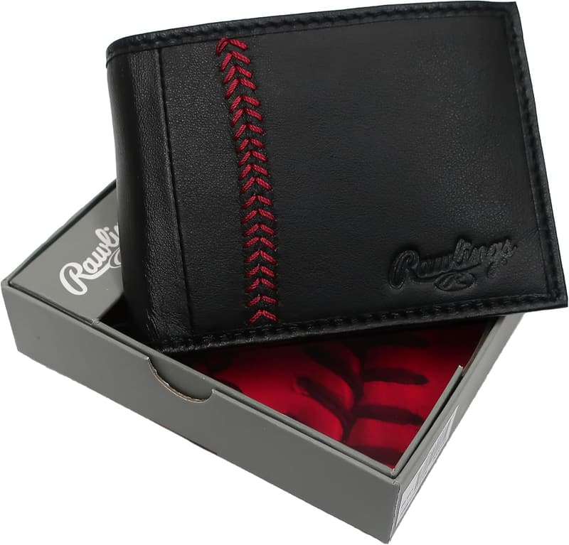 Black Leather Bifold Wallet with Baseball Stitch Design