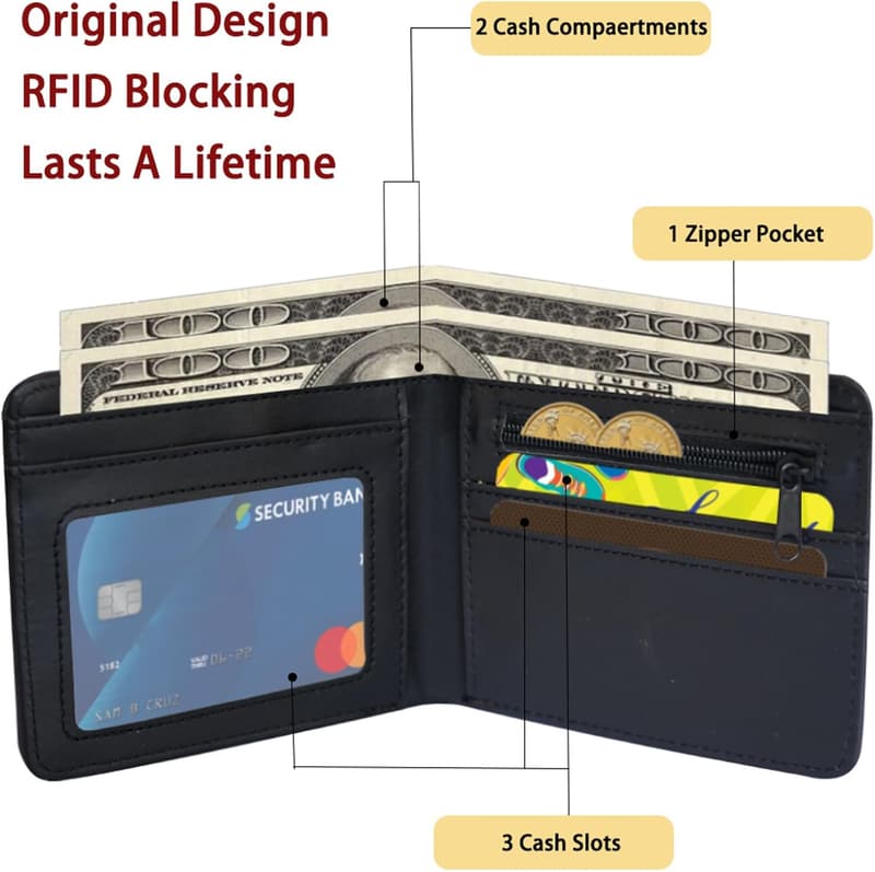 Boys' Bi-Fold Leather Wallet with Zipper Coin Pocket