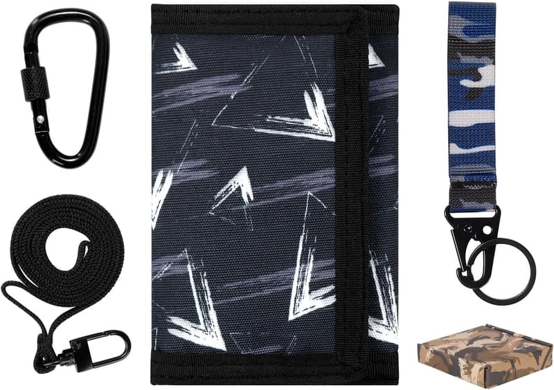 Christmas Gift for Boys - Black Trifold Geometry Wallet with Lanyard