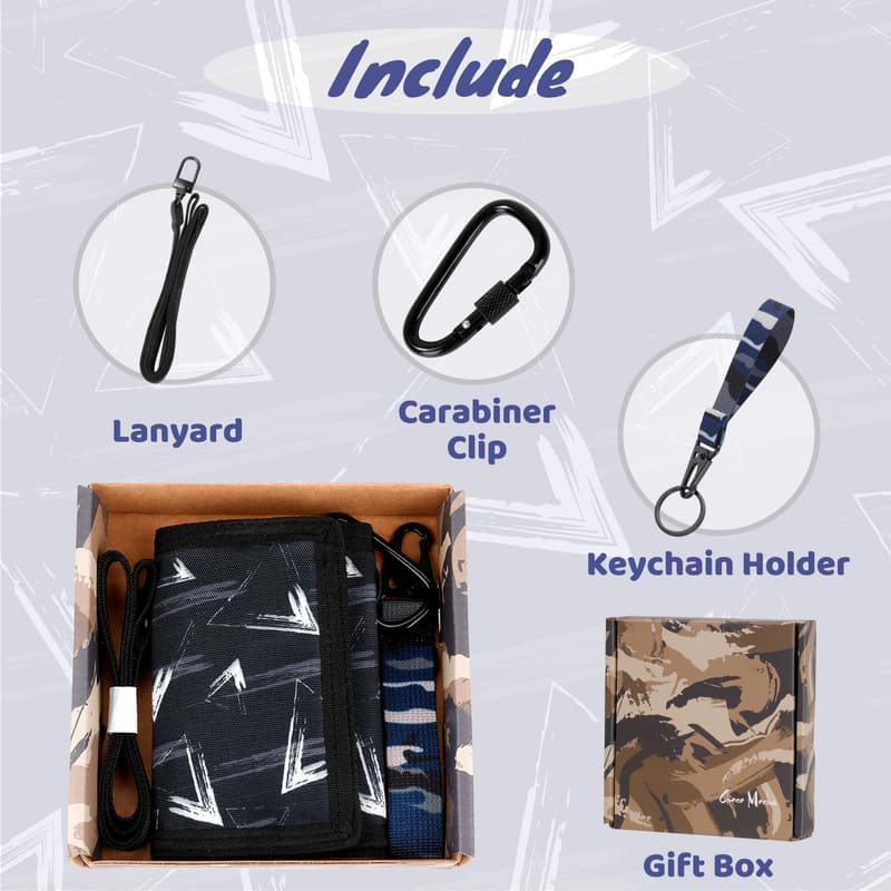 Christmas Gift for Boys - Black Trifold Geometry Wallet with Lanyard
