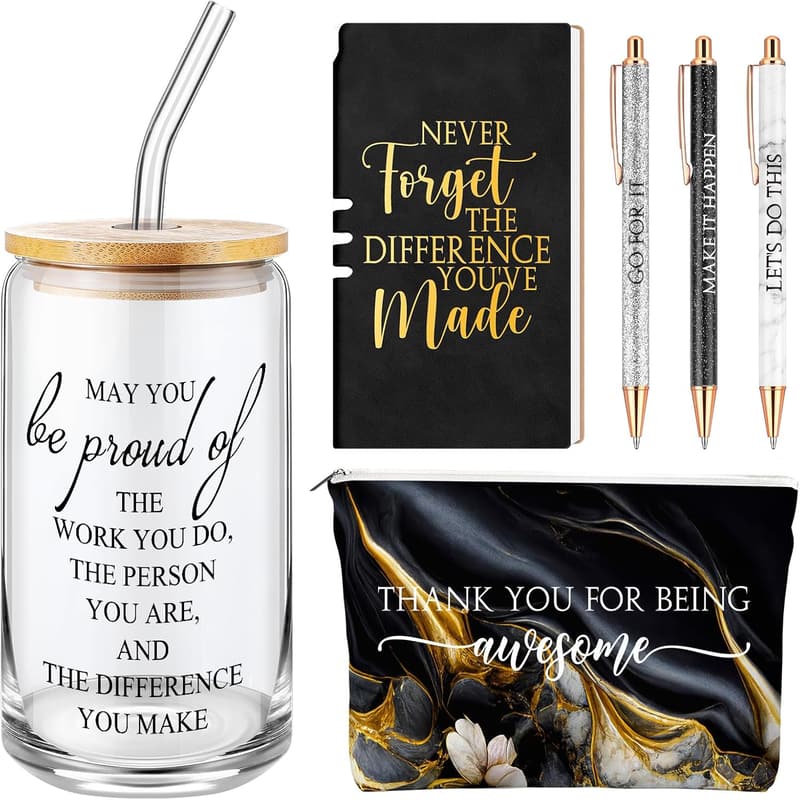 Employee Appreciation Gift Set for Women – 17 oz Marble Glass, Makeup Bag, Journal, Ballpoint