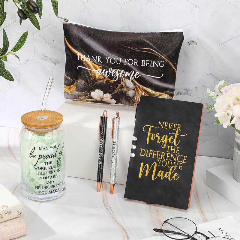 Employee Appreciation Gift Set for Women – 17 oz Marble Glass, Makeup Bag, Journal, Ballpoint