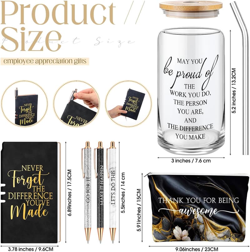 Employee Appreciation Gift Set for Women – 17 oz Marble Glass, Makeup Bag, Journal, Ballpoint