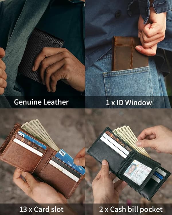 Genuine Leather RFID Bifold Wallet for Men with Gift Box