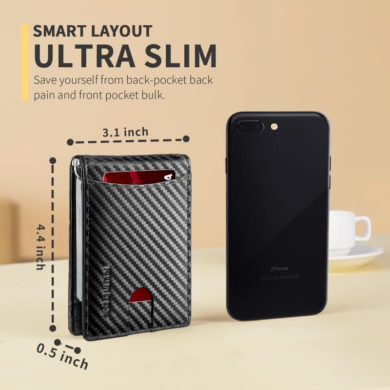 Men's Slim Leather Wallet with RFID Blocking and Money Clip