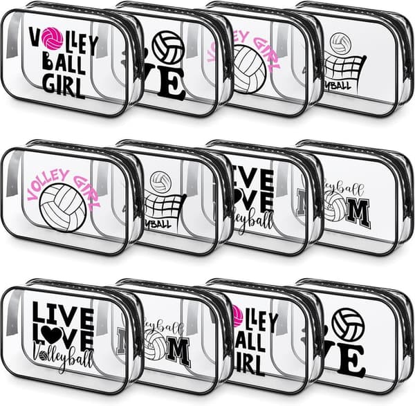 Volleyball-Themed Cosmetic Bags Set for Women - 12 Pcs Clear PVC