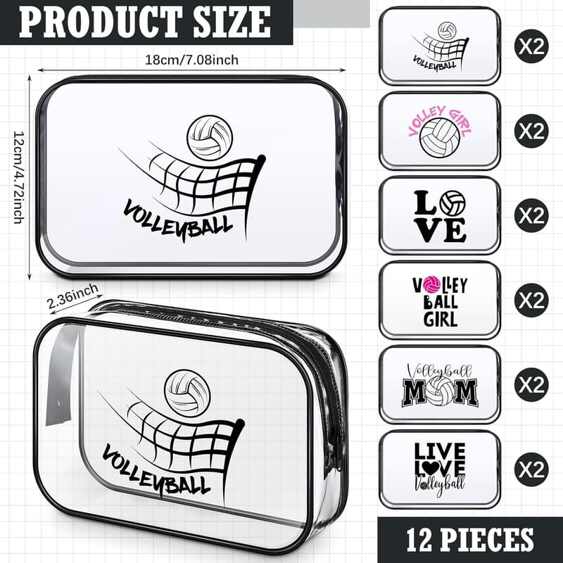Volleyball-Themed Cosmetic Bags Set for Women - 12 Pcs Clear PVC