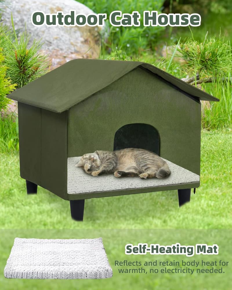 Weatherproof Outdoor Cat House with Self-Heating Mat - Large