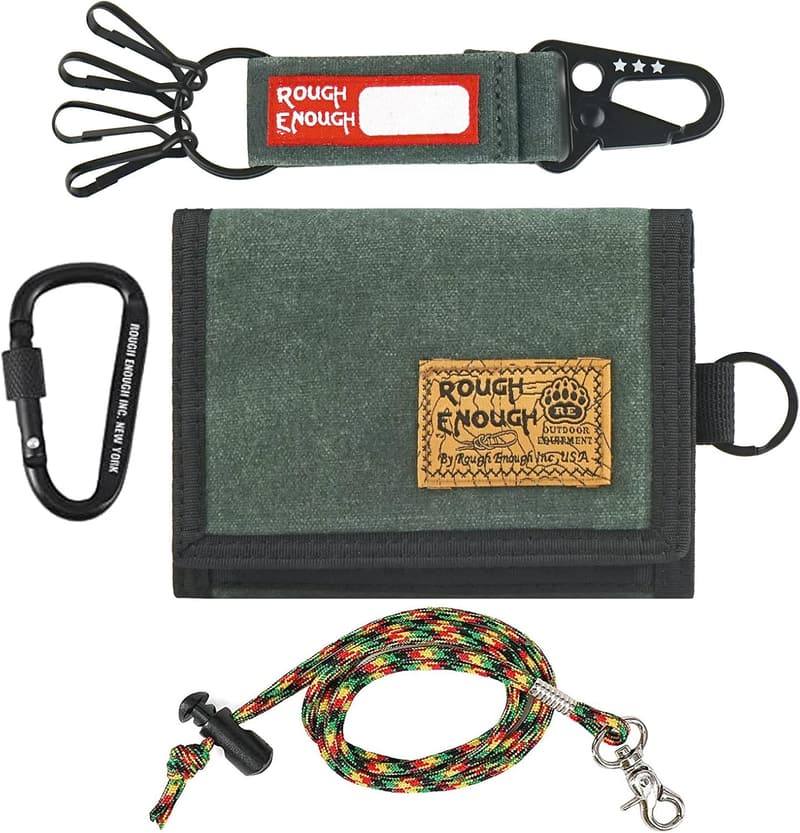 Tactical Army Green Canvas Wallet with Keychain Lanyard for Boys