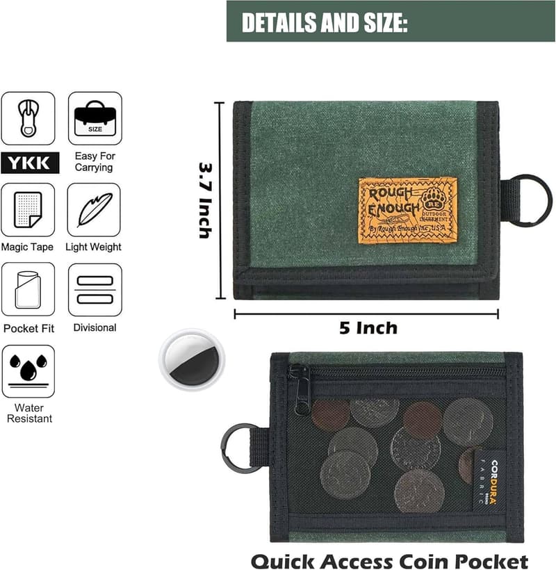 Tactical Army Green Canvas Wallet with Keychain Lanyard for Boys