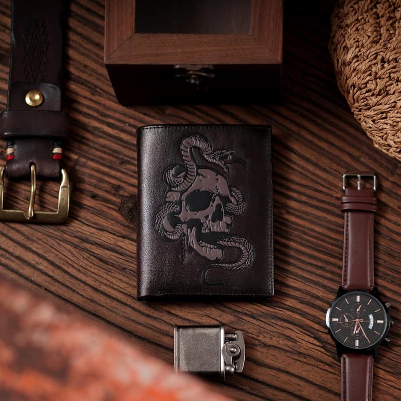 Cool Men's Vertical Bifold Skull Wallet, RFID Blocking - Gift for Him